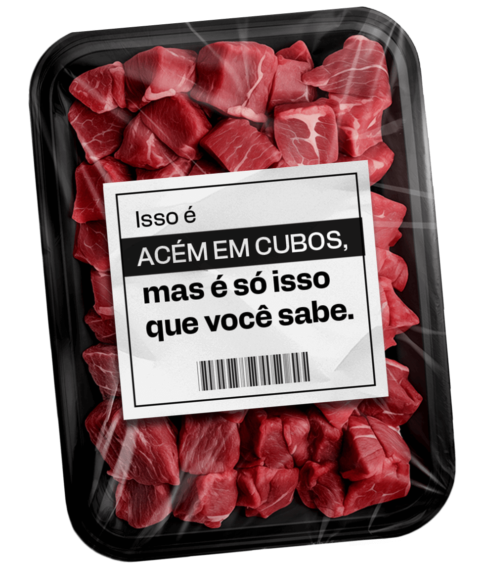 Bandeja de patinho moído embalado com plástico, com uma etiqueta que diz: 'Este é um PATINHO MOÍDO, mas é só isso que você sabe.'